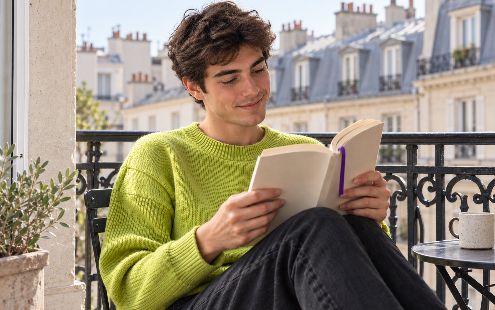 Jeune homme lisant sur un balcon parisien